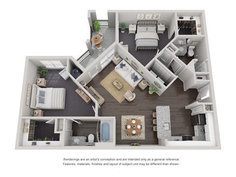 Floor plan for 2 beds, 2 baths, 1042 sqft